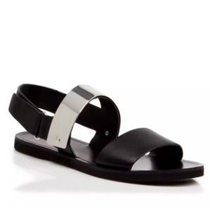 Vince Black Leather & Silver Accent Flat Sandals